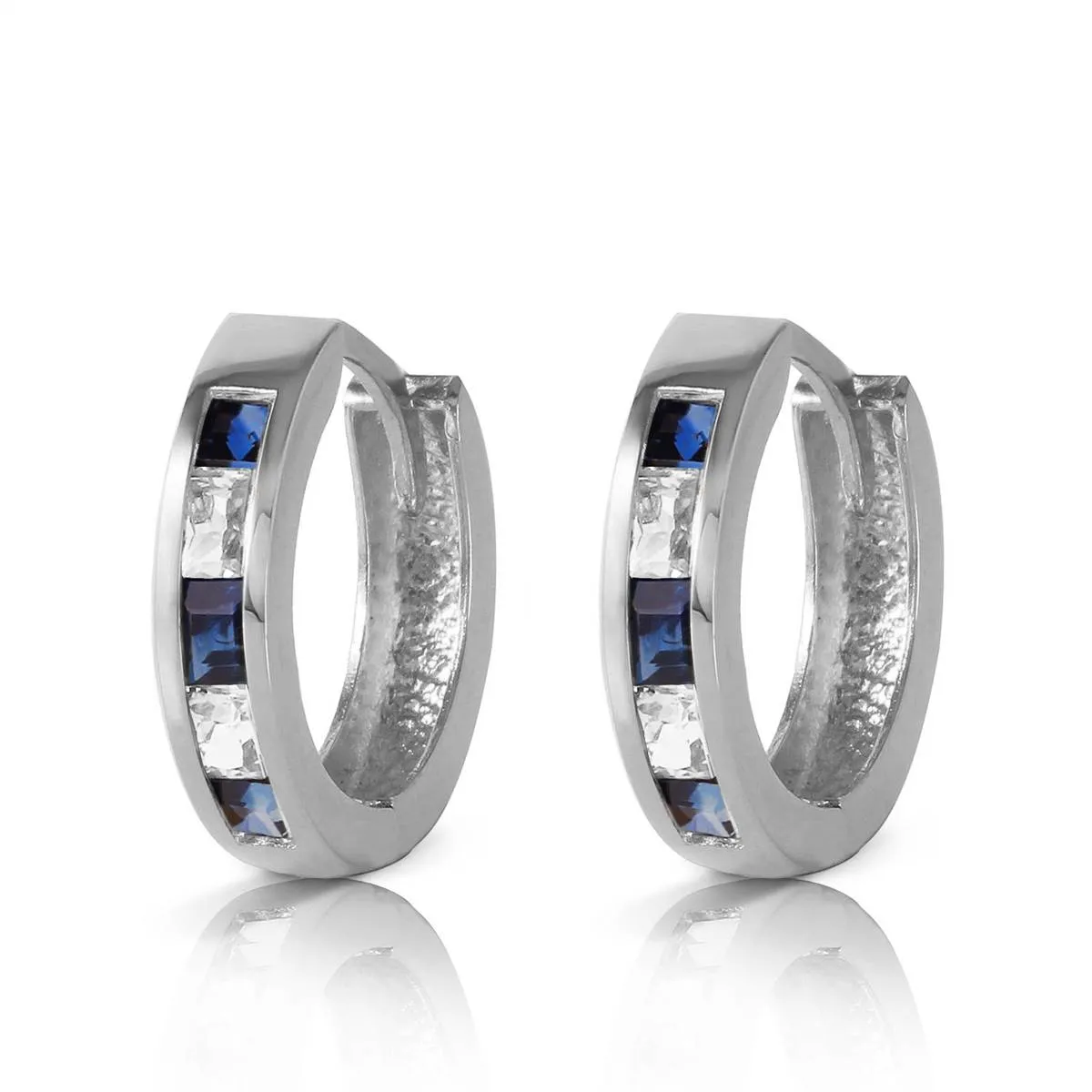 1.26 Carat 14K Solid White Gold Hoop Earrings Natural Sapphire White Topaz