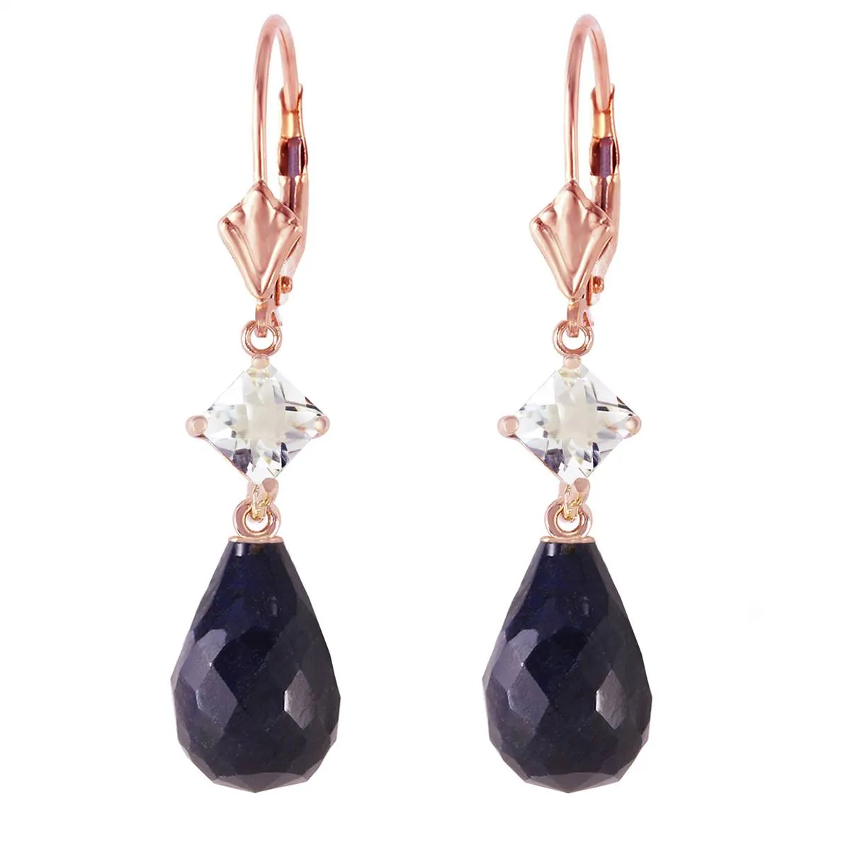 14K Solid Rose Gold Leverback Earrings w/ Rose Topaz & Sapphires