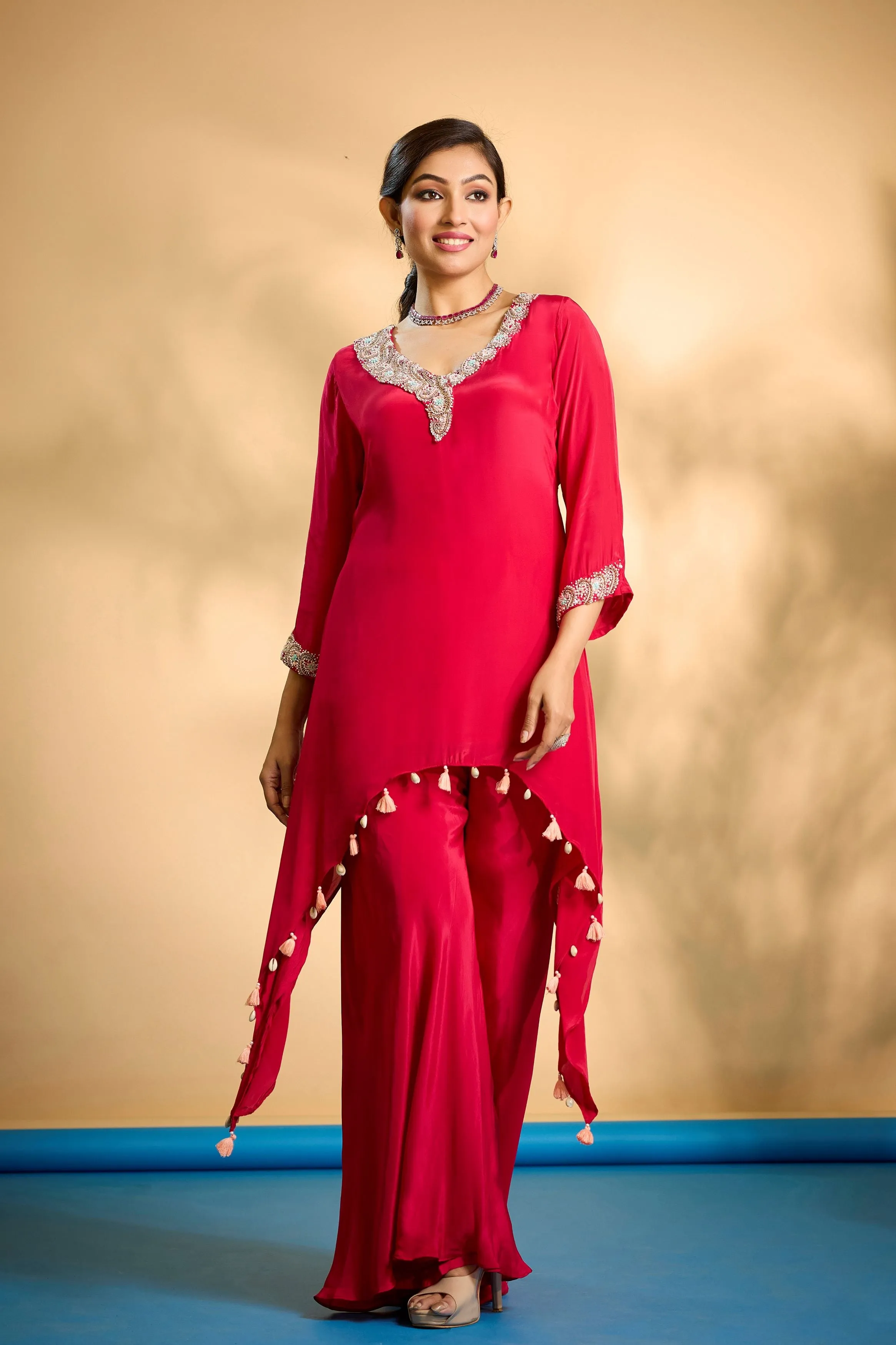 Bright Red Embellished Crepe Silk Kurta Set