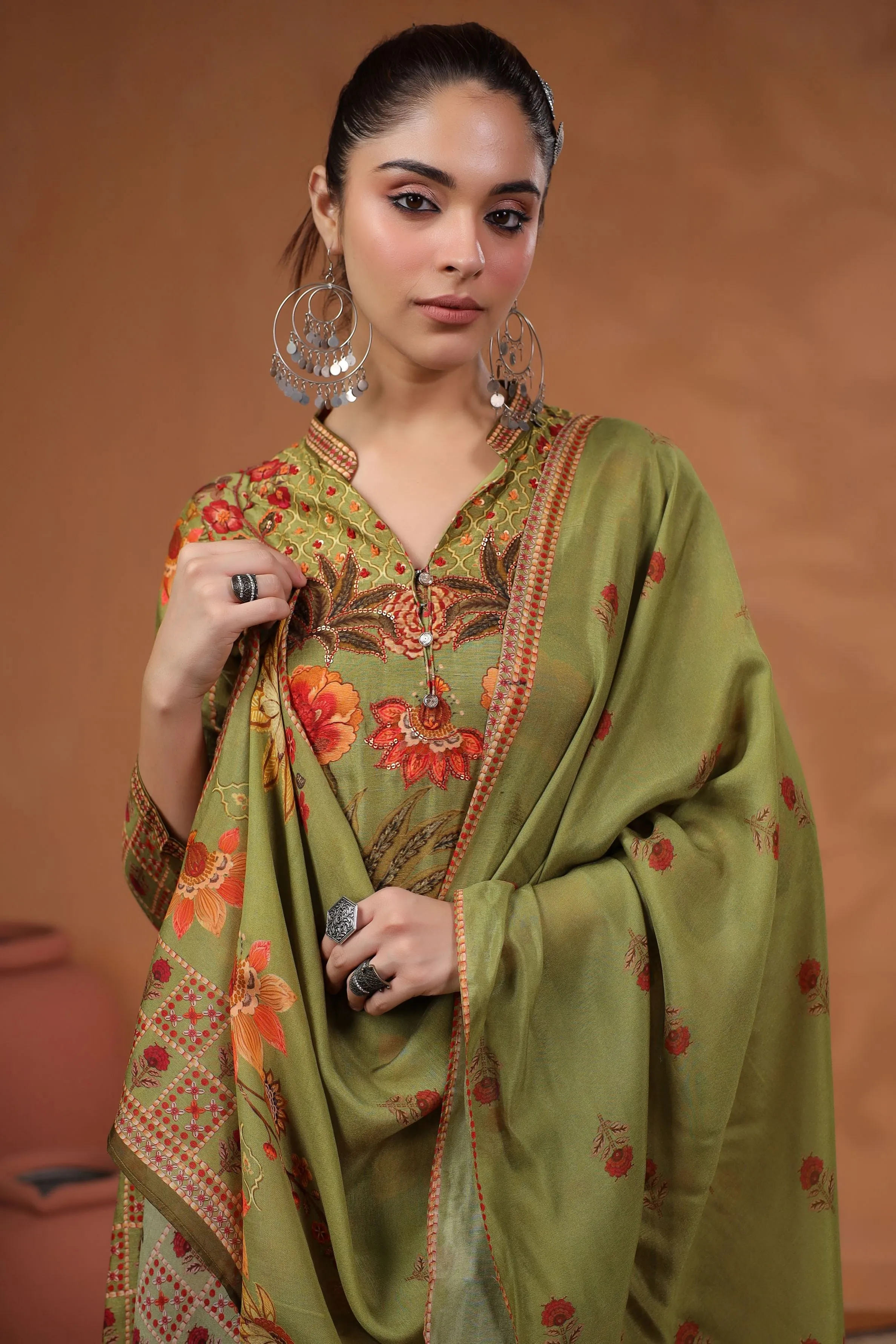Green Traditional Printed Tussar Silk Pants Set