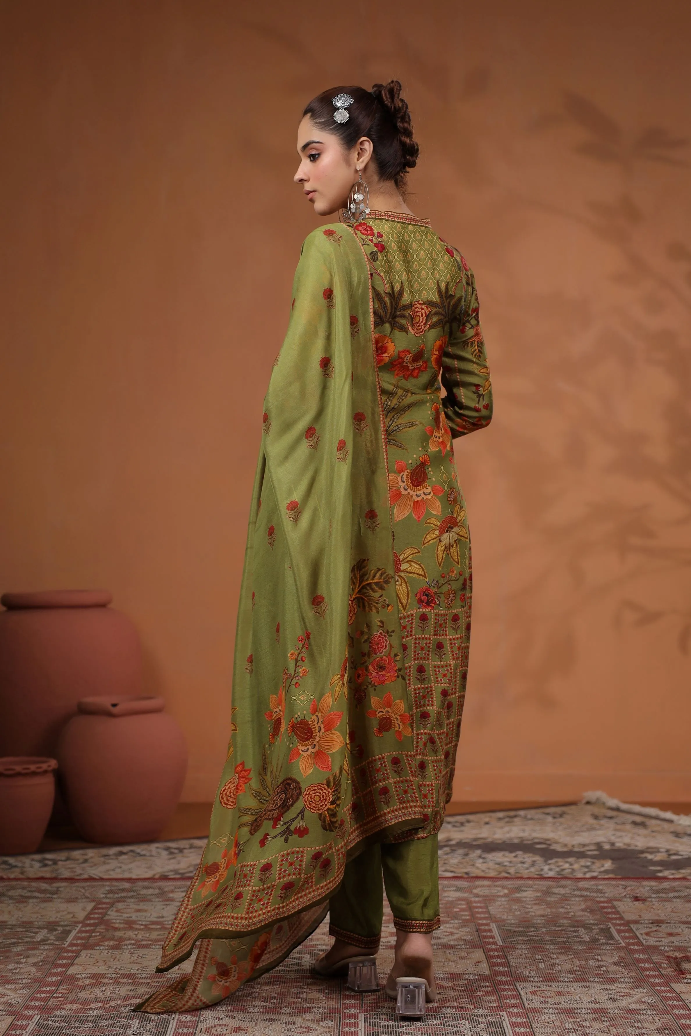 Green Traditional Printed Tussar Silk Pants Set