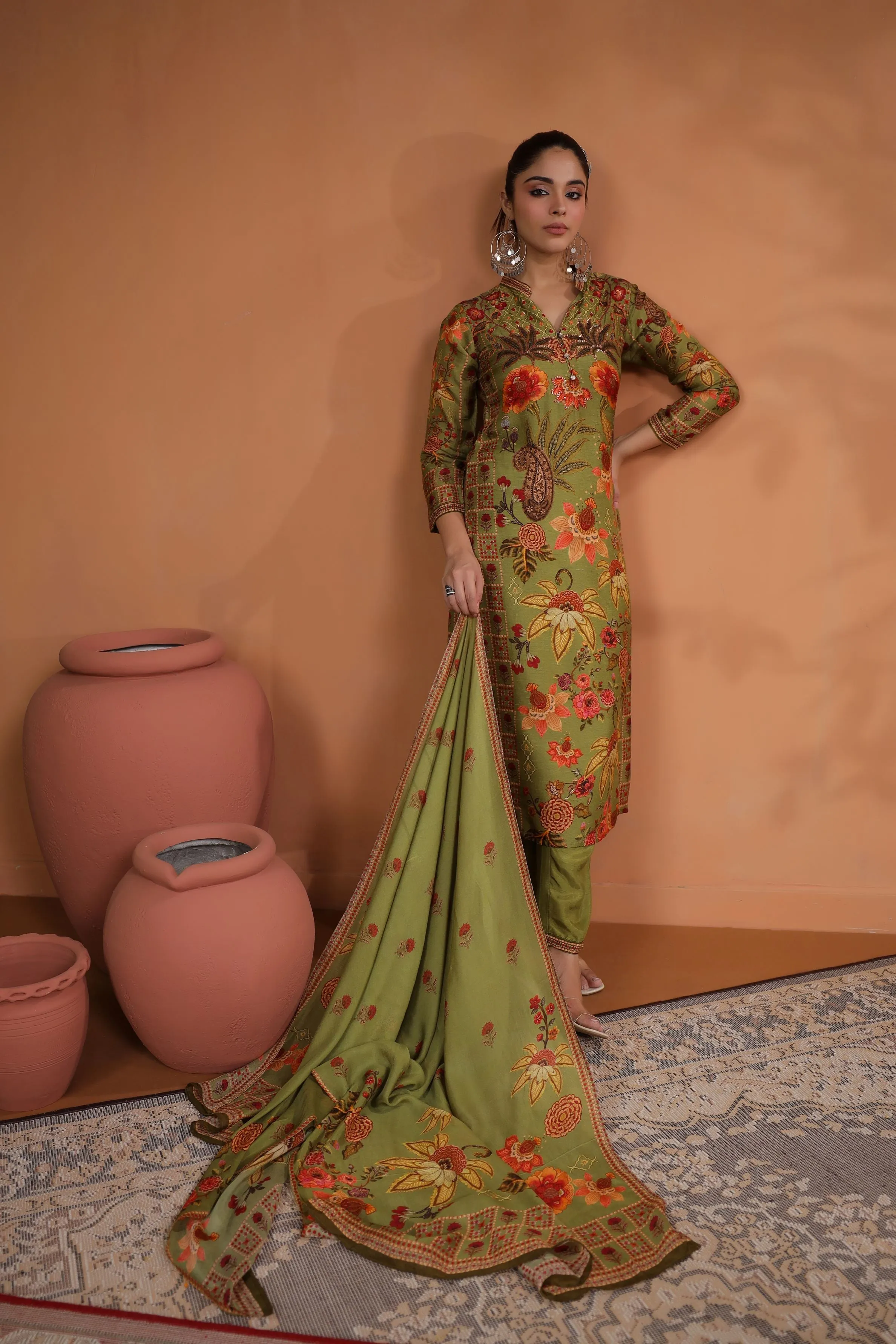 Green Traditional Printed Tussar Silk Pants Set
