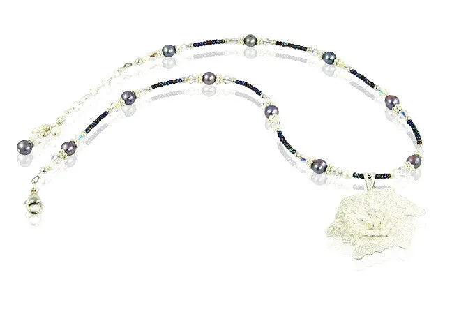 Hibiscus Flower Crystal Pearl Necklace