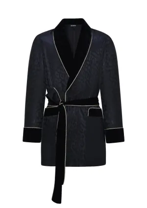 Men's Black Leopard-Print Short Robe