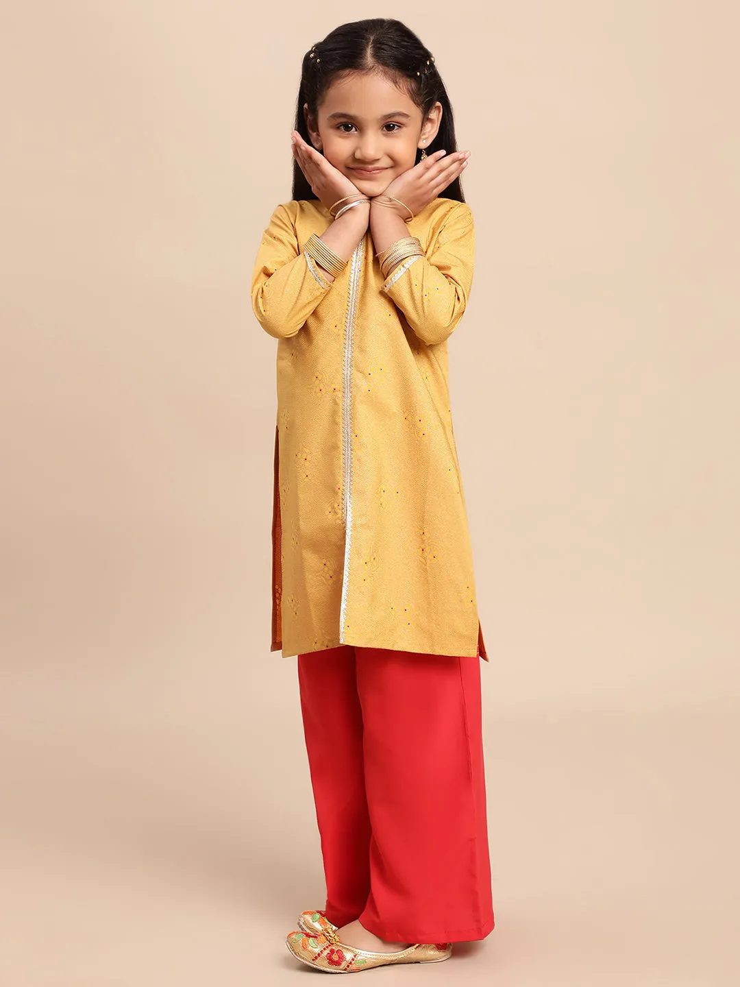 Mustard Yellow & Red Printed Girls Kurta Set