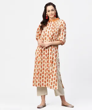 Off White & Red Printed 3/4Th Sleeve Cotton Pleated A-Line Kurta With Beige Pallazo