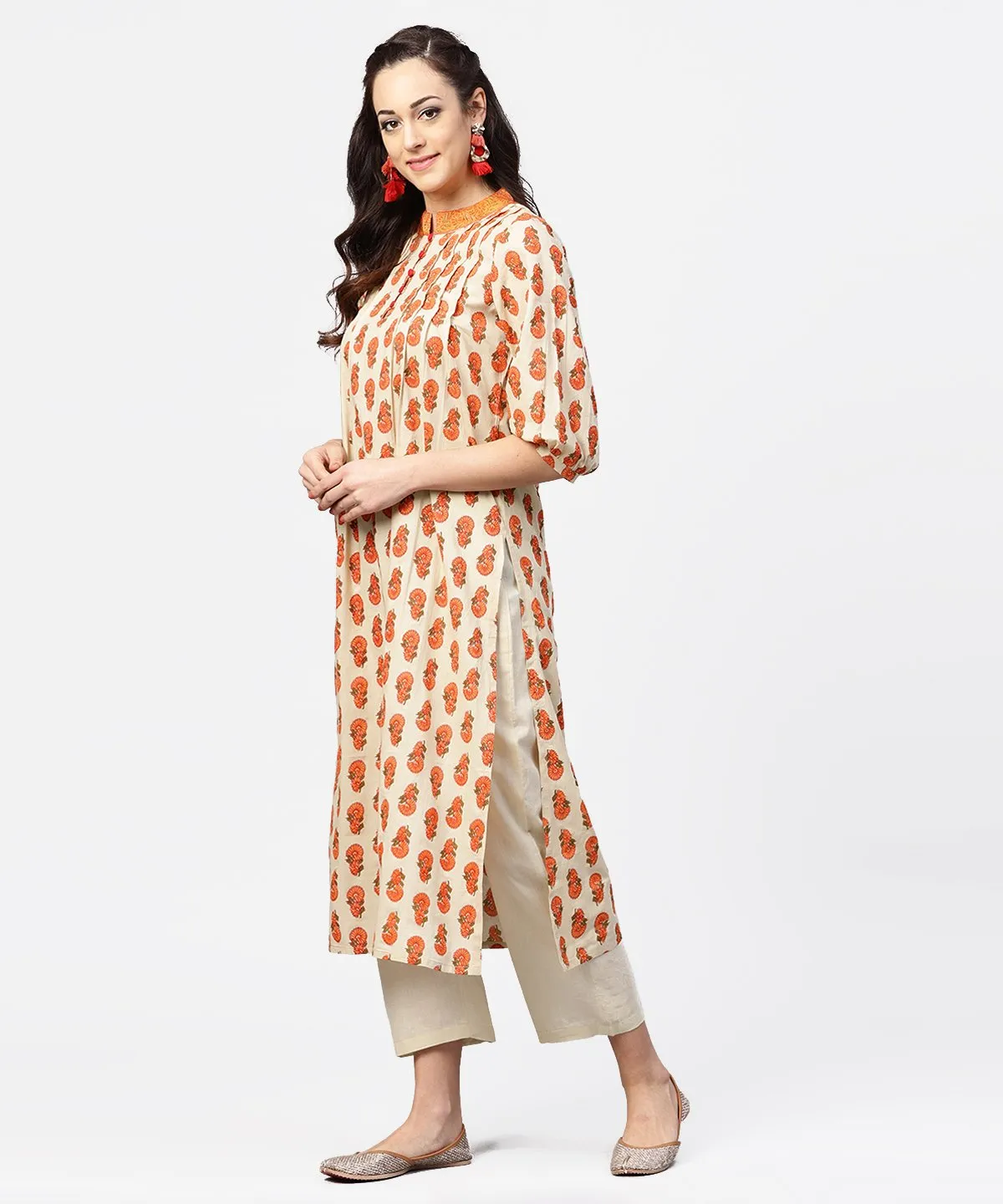 Off White & Red Printed 3/4Th Sleeve Cotton Pleated A-Line Kurta With Beige Pallazo