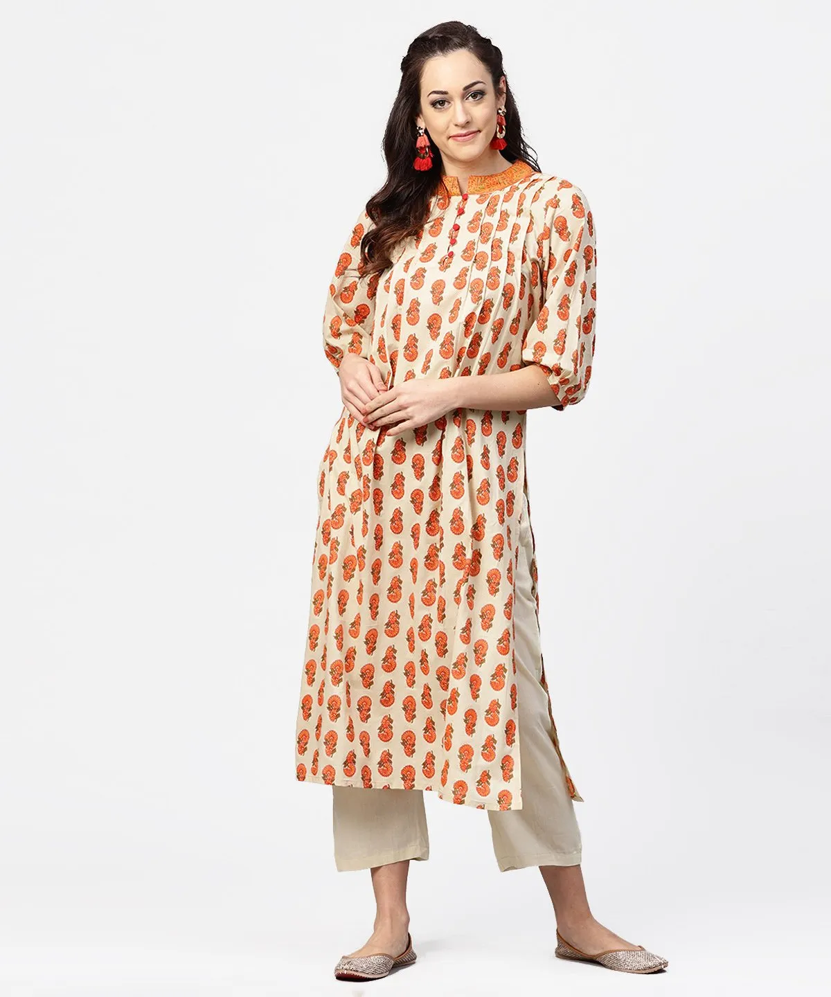 Off White & Red Printed 3/4Th Sleeve Cotton Pleated A-Line Kurta With Beige Pallazo