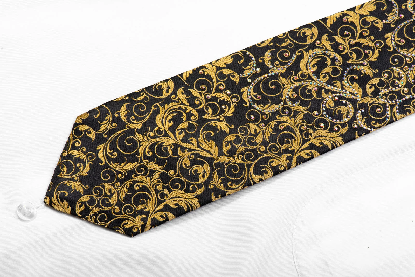 Paco Rabanne Rhinestone Necktie Golden Acanthus On Black Silk