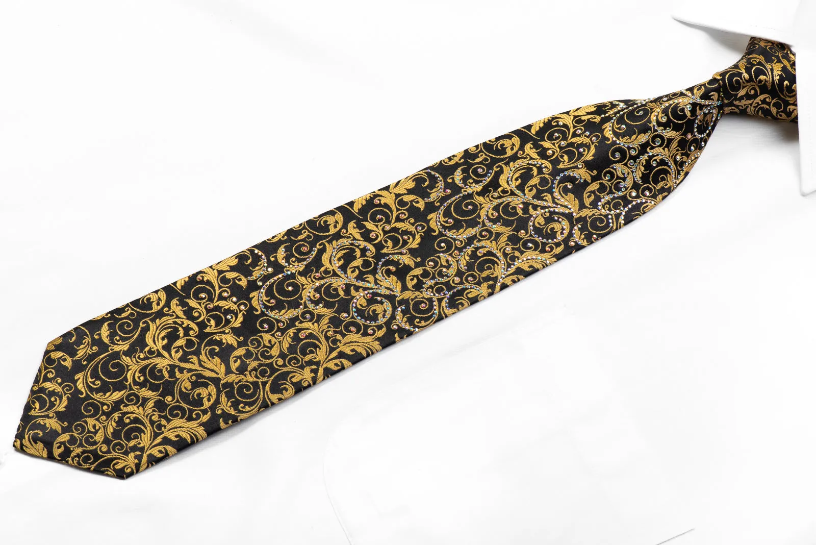 Paco Rabanne Rhinestone Necktie Golden Acanthus On Black Silk