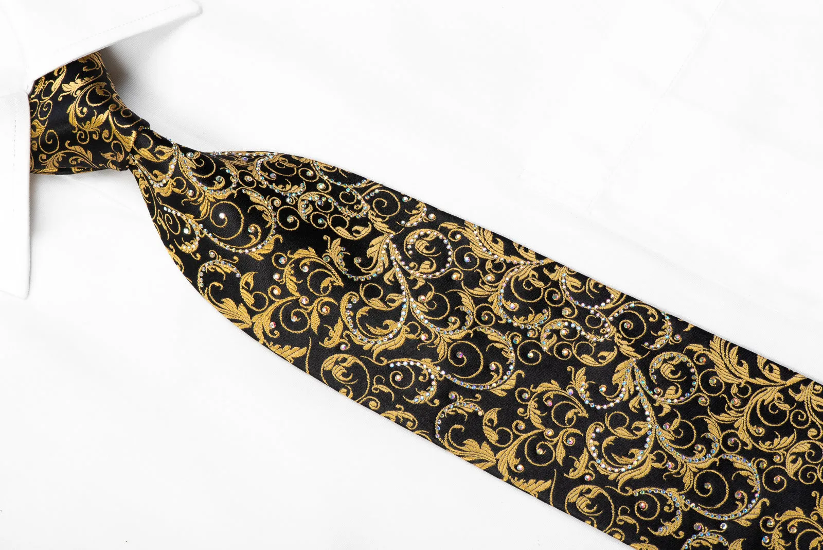 Paco Rabanne Rhinestone Necktie Golden Acanthus On Black Silk