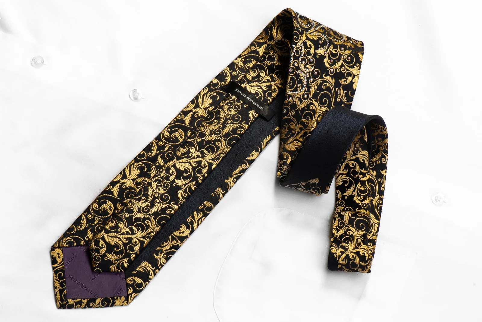 Paco Rabanne Rhinestone Necktie Golden Acanthus On Black Silk