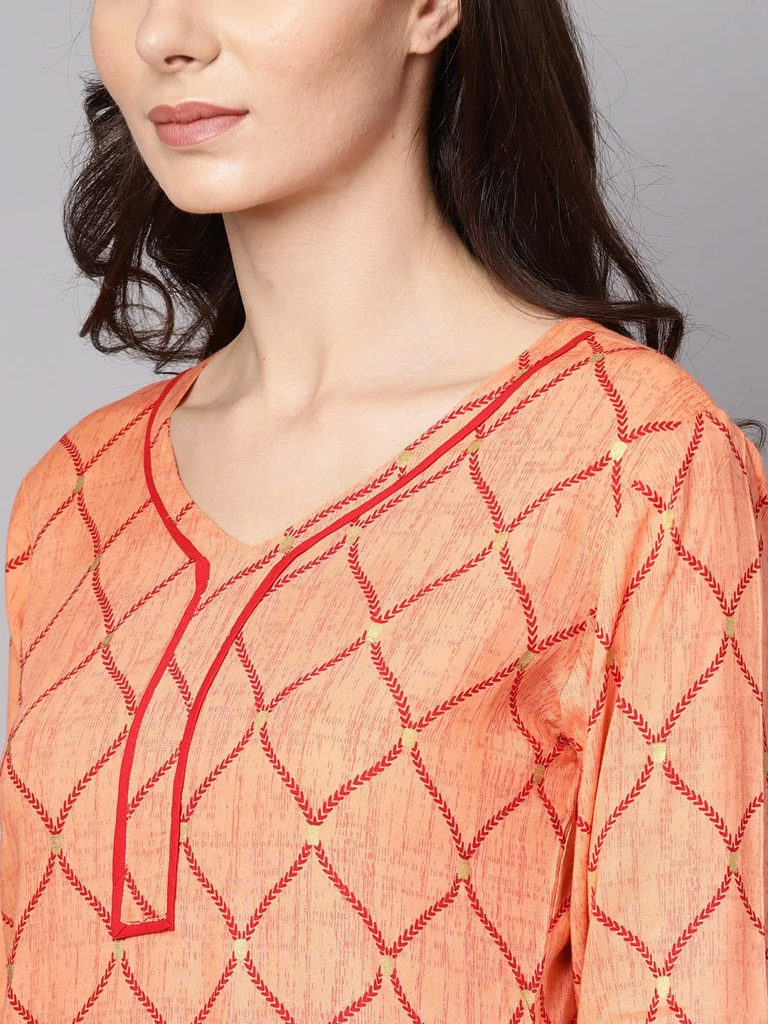 Red 3/4Th Sleeve Rayon Kurta With Maroon Palazzo And Dupatta