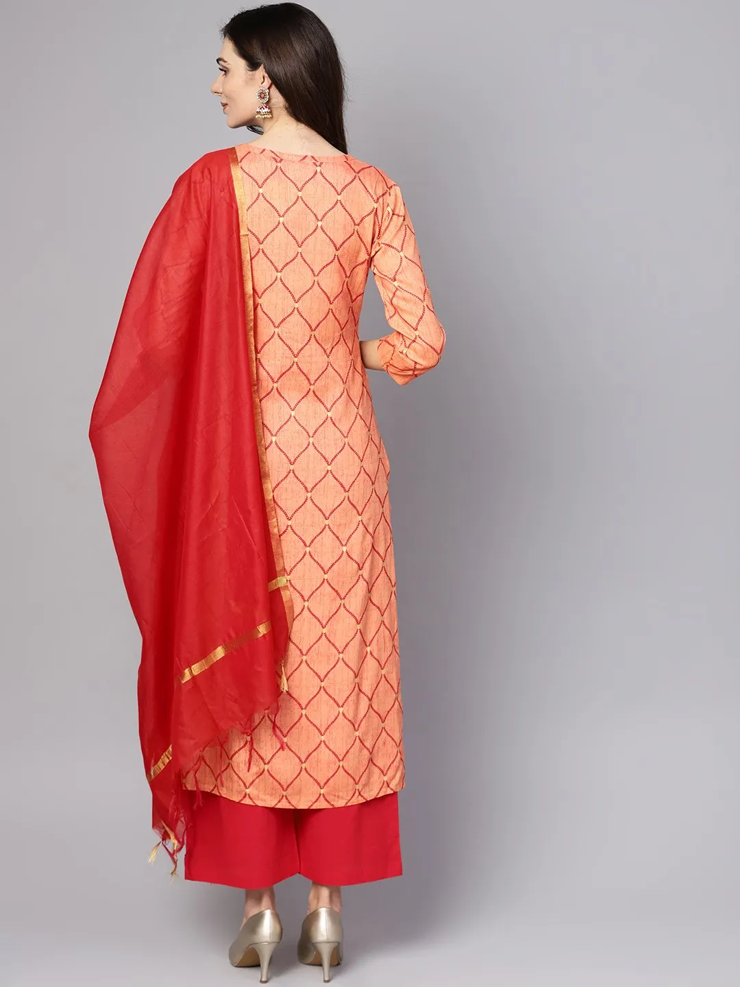Red 3/4Th Sleeve Rayon Kurta With Maroon Palazzo And Dupatta
