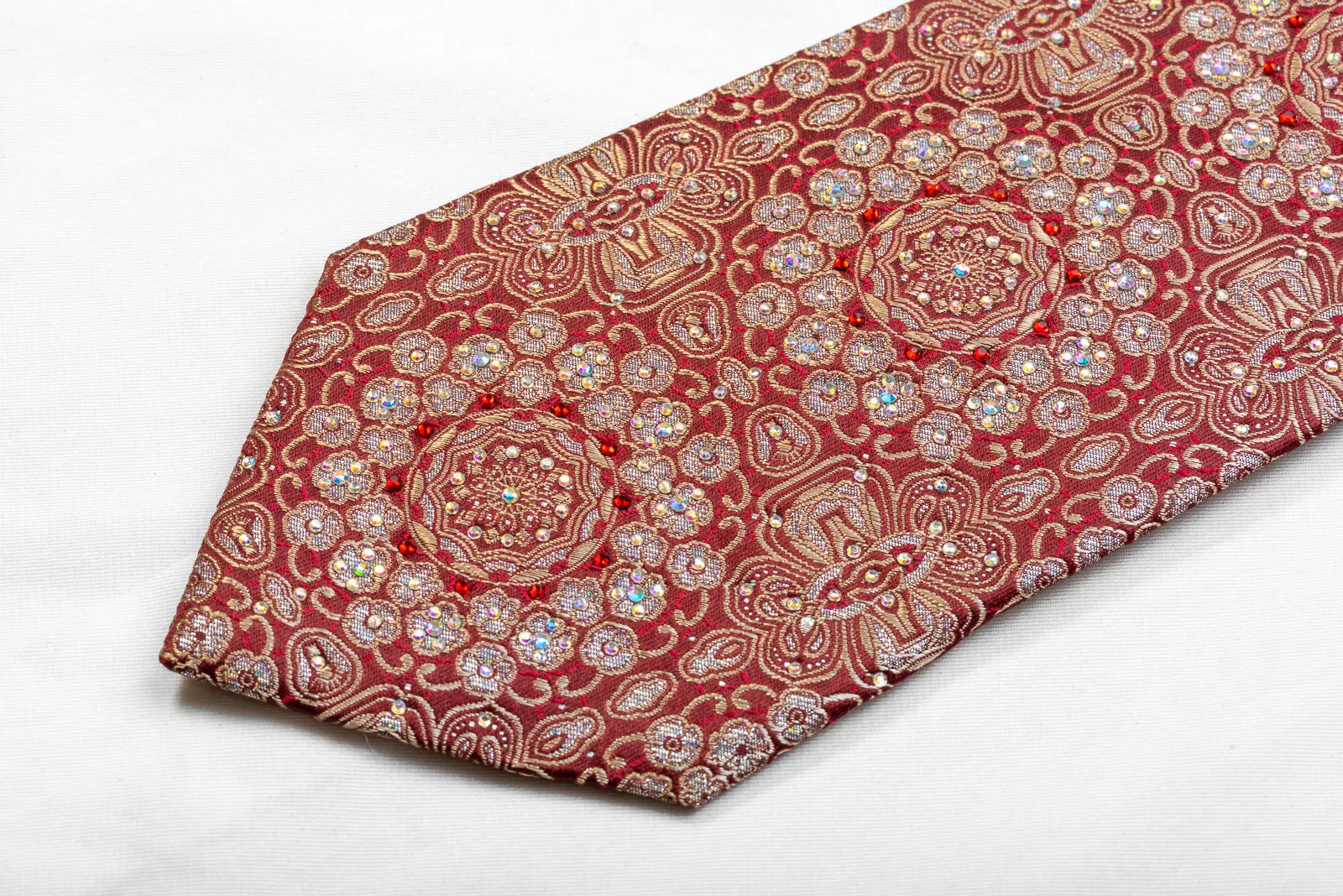 Renoma Men's Crystal Rhinestone Necktie Silver Arabesque On Burgundy With Silver Sparkles