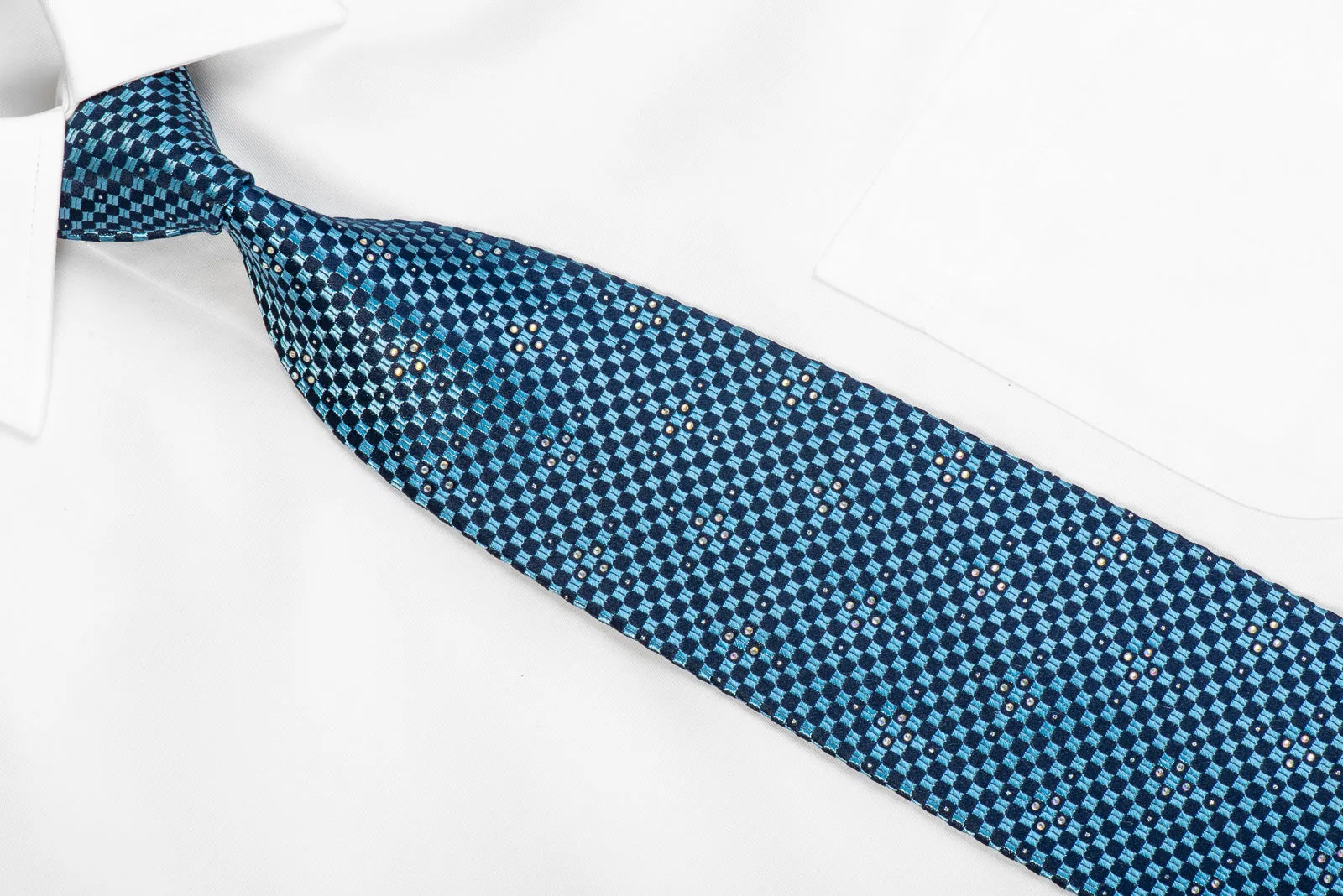 Renoma Men's Rhinestone Necktie Blue Checkered With Silver Sparkles