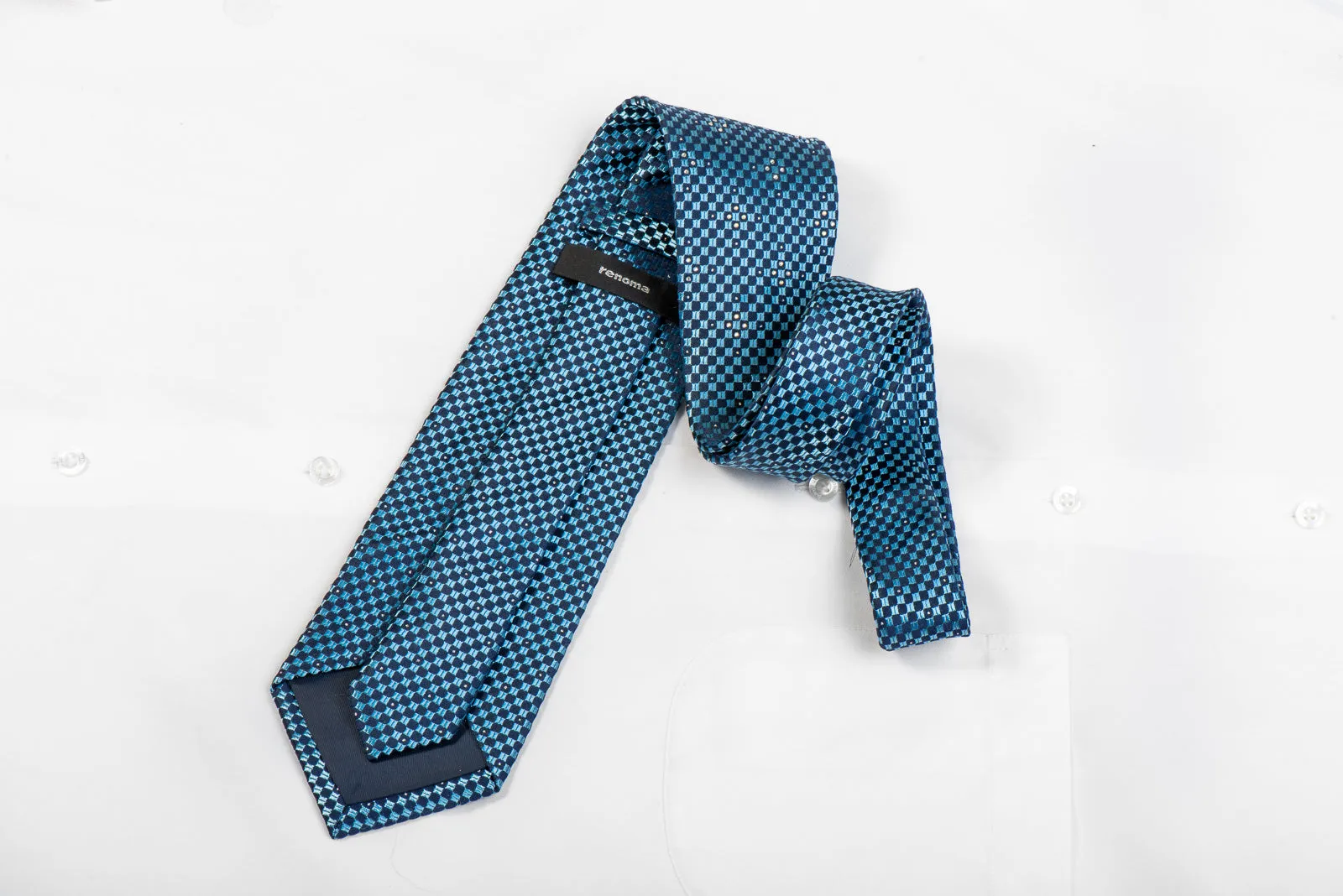 Renoma Men's Rhinestone Necktie Blue Checkered With Silver Sparkles