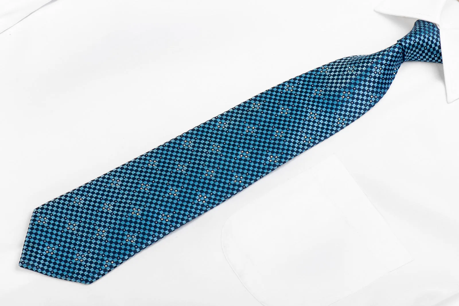 Renoma Men's Rhinestone Necktie Blue Checkered With Silver Sparkles