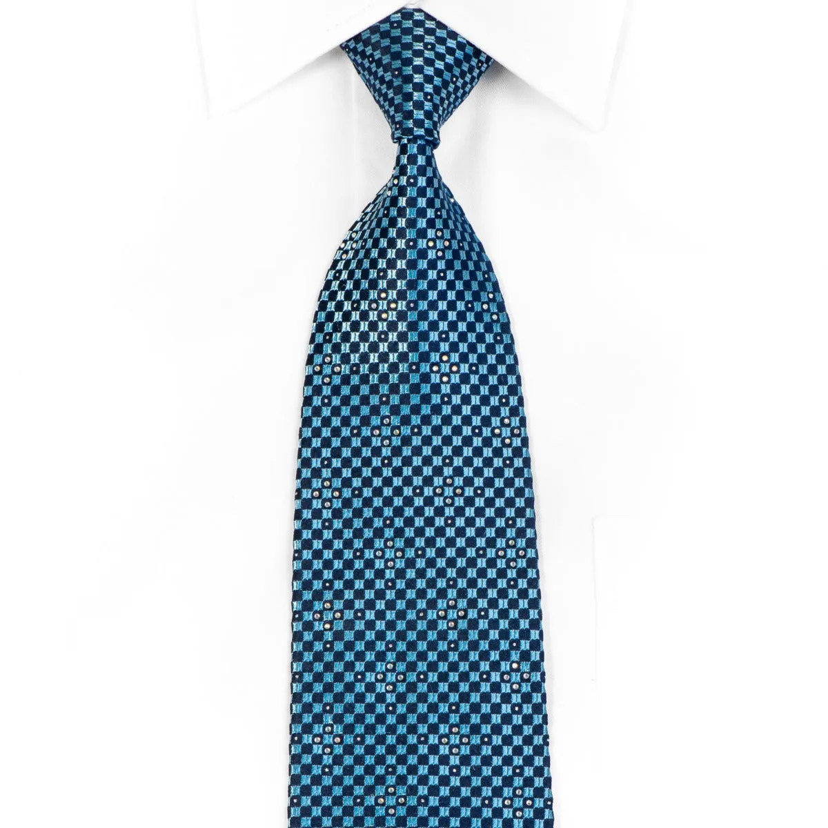 Renoma Men's Rhinestone Necktie Blue Checkered With Silver Sparkles