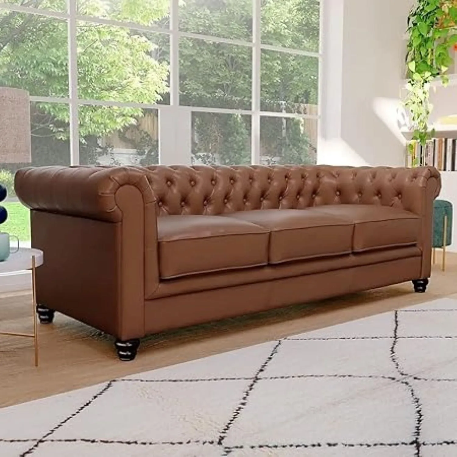 Simpson Solid Wood 3 Seater Leatherette Chesterfield Sofa For Living Room