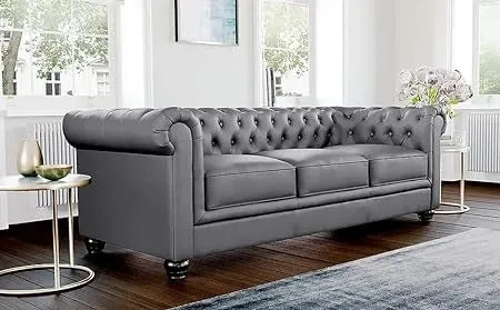 Simpson Solid Wood 3 Seater Leatherette Chesterfield Sofa For Living Room
