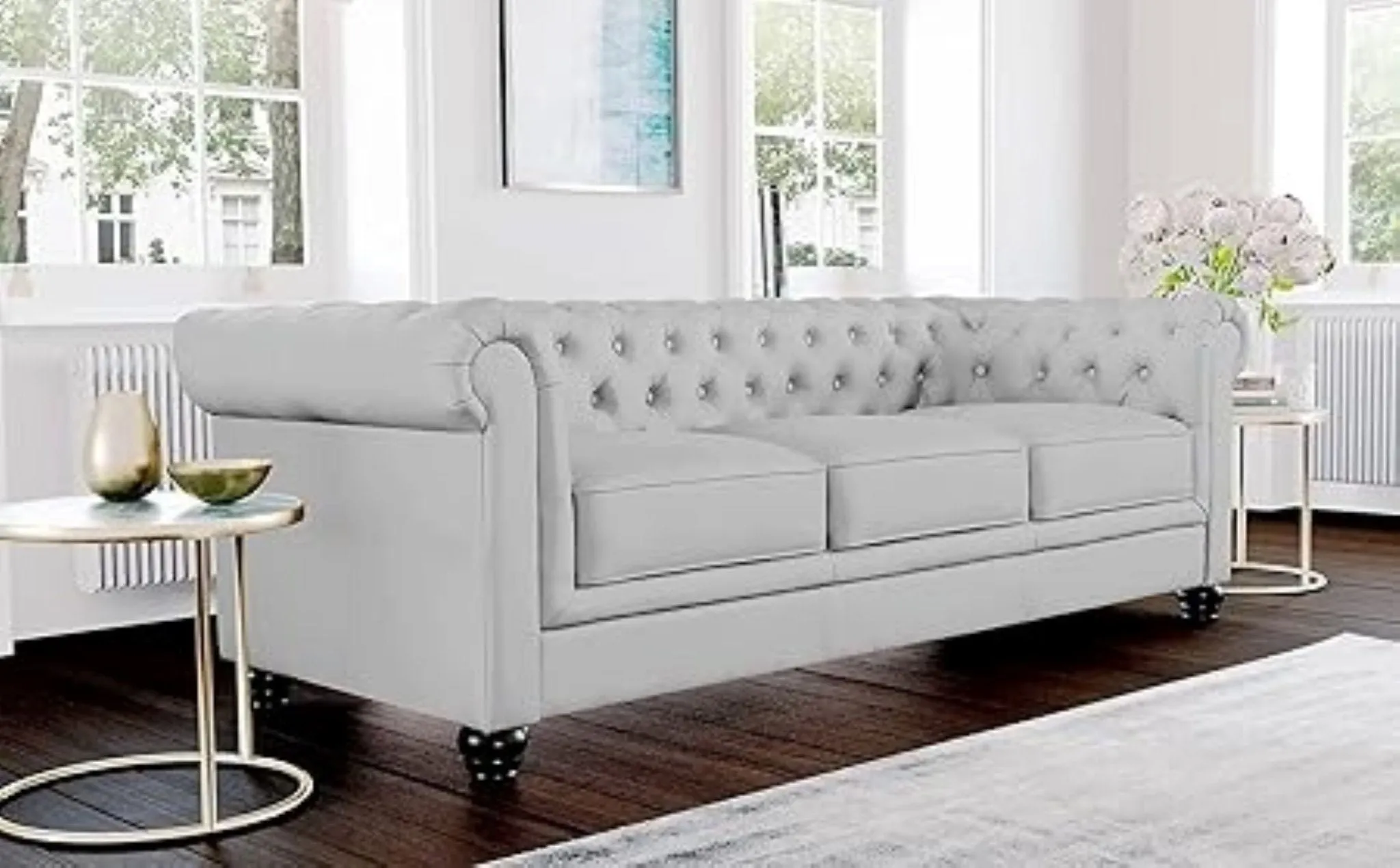 Simpson Solid Wood 3 Seater Leatherette Chesterfield Sofa For Living Room