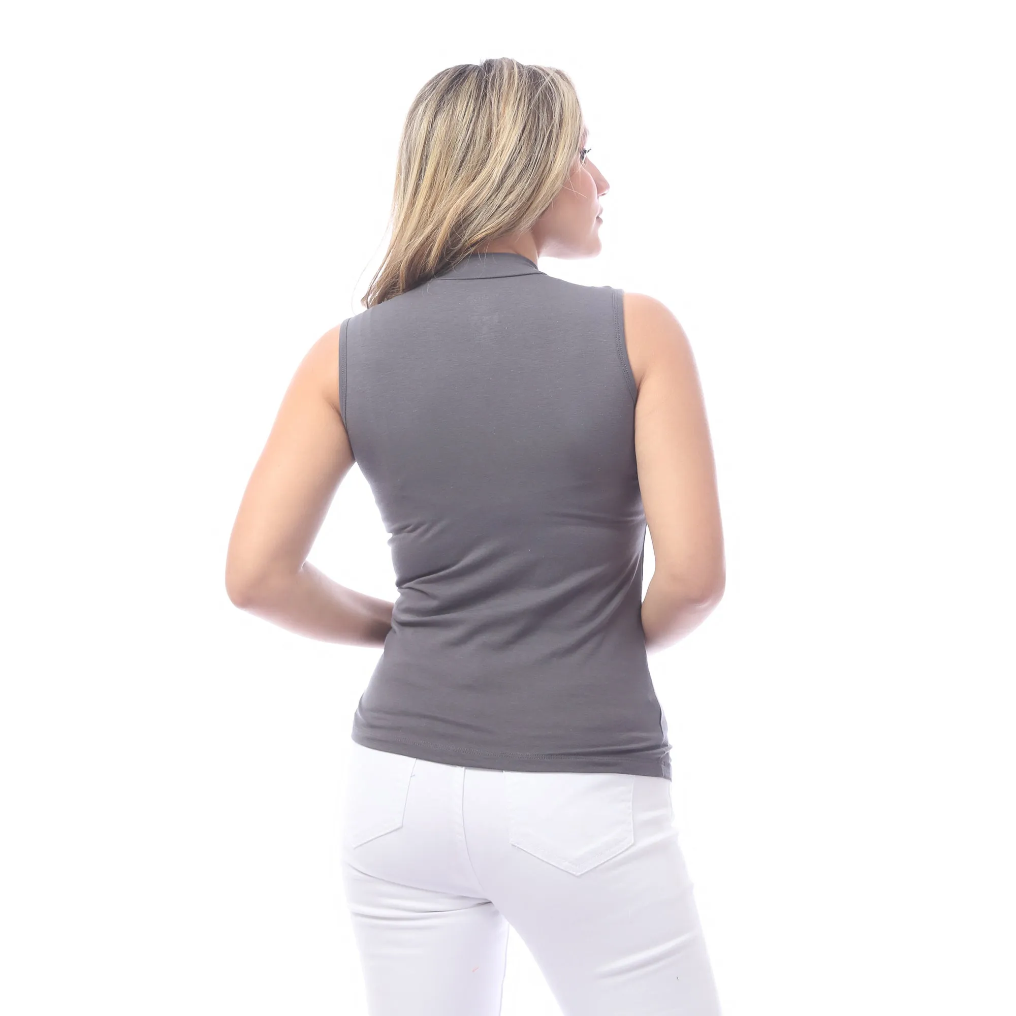 Women Basic Shirt, High Neck, Sleeveless - Grey