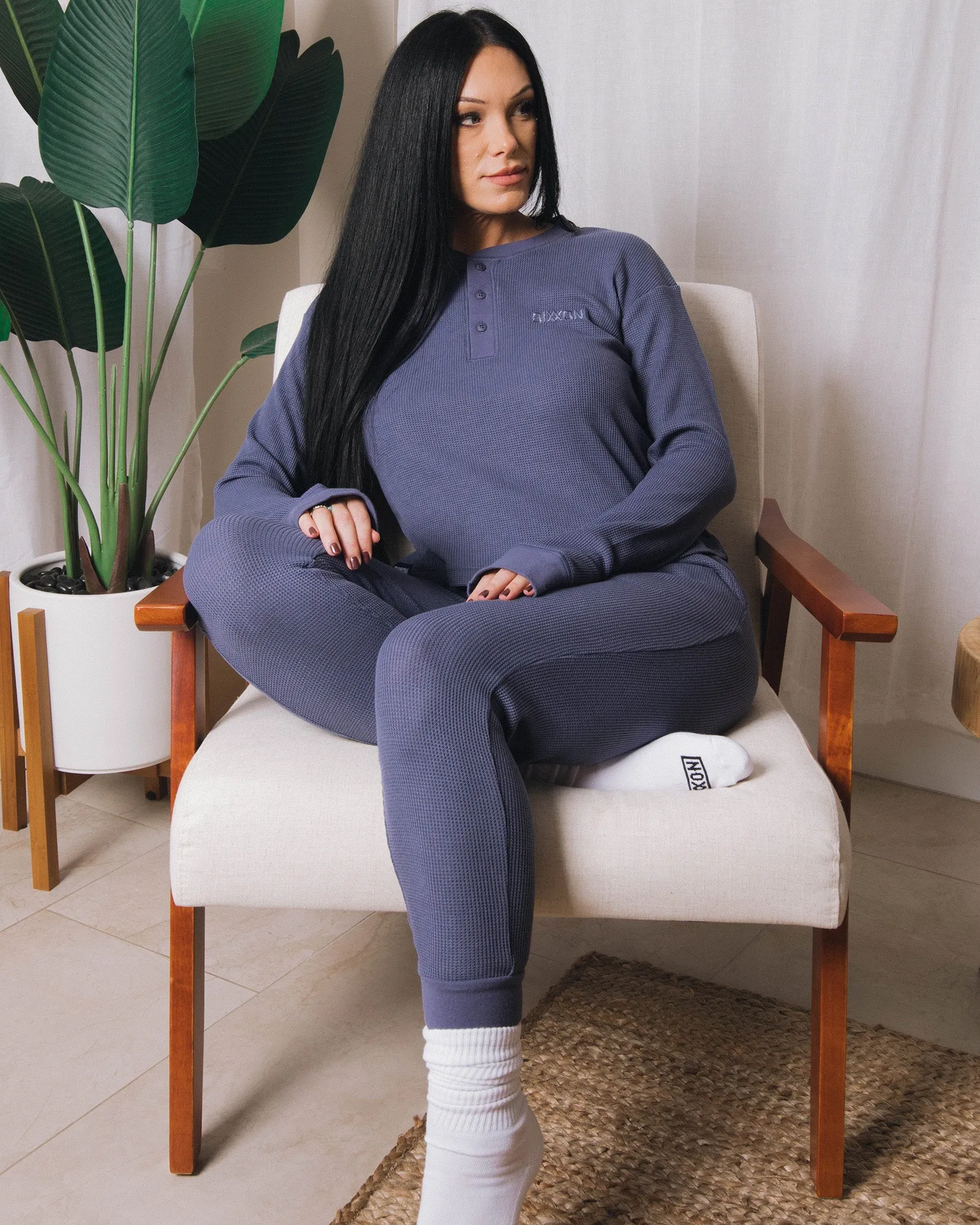 Women's Waffle Knit Long Sleeve Crop Tee - Steel Blue